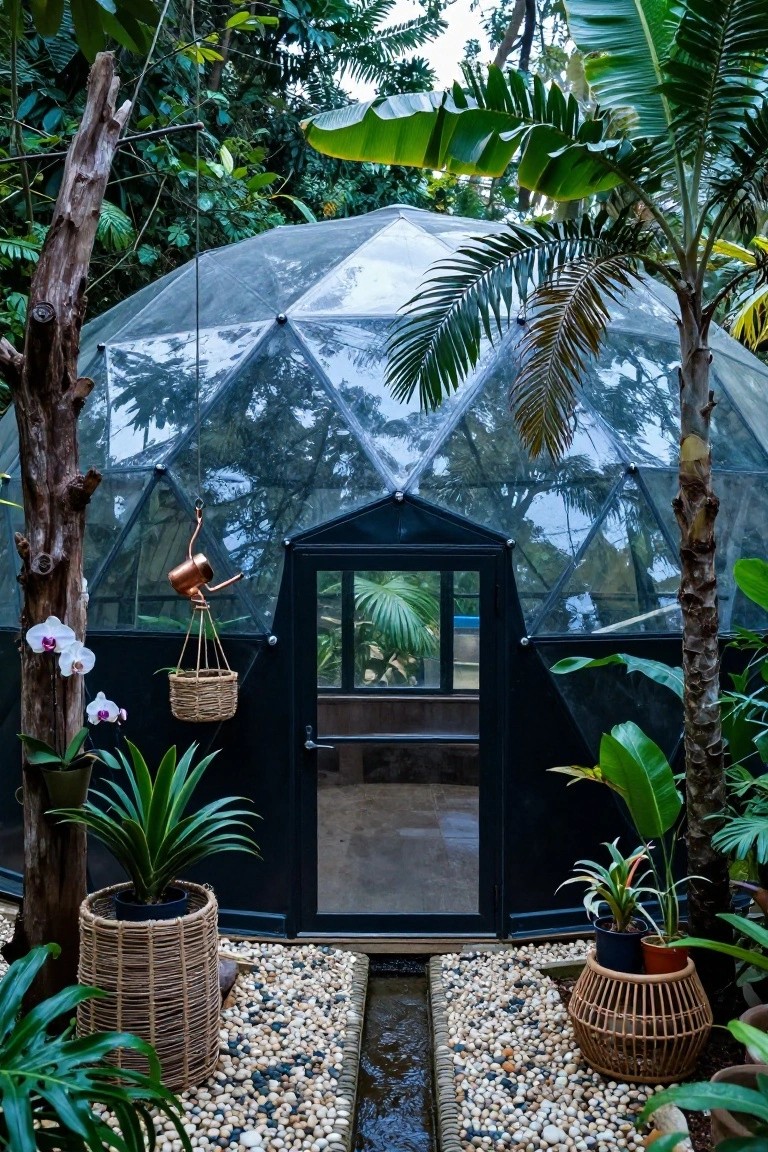 Geodesic dome greenhouse with black framed glass door, surrounded by palm trees, banana plants, orchids, potted greenery, and a pebble path entrance.