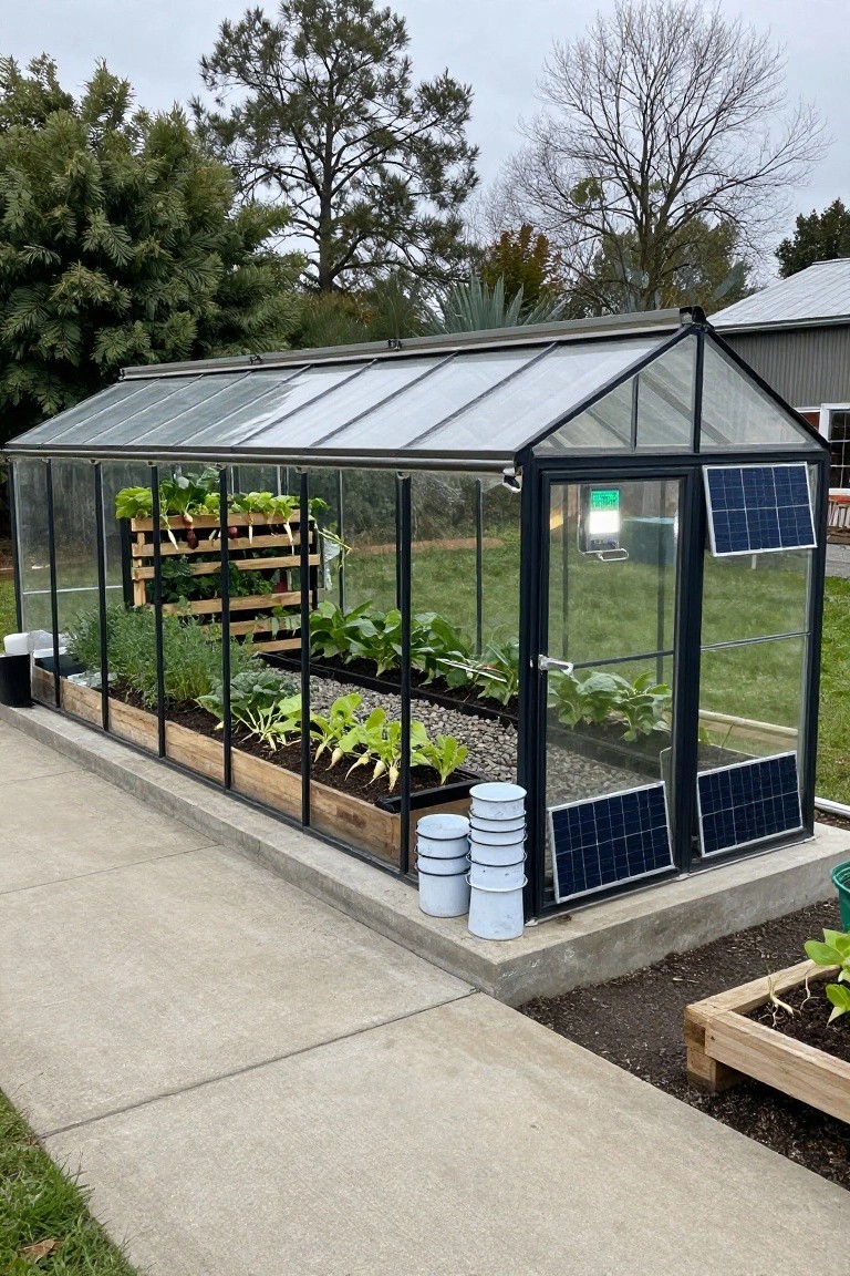 A rectangular glass greenhouse with black frame containing raised beds of vegetables, a vertical pallet planter on one wall growing greens and roots, solar panels on the doors, gravel floor inside, and a concrete path outside next to additional garden beds.