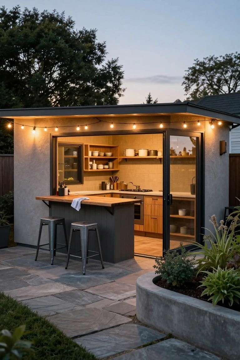 Prefab backyard shed structure with open glass doors showing wooden kitchen cabinets and counters inside, wooden serving bar extending to patio with two metal bar stools, stone pavers, plants, and string lights at dusk.