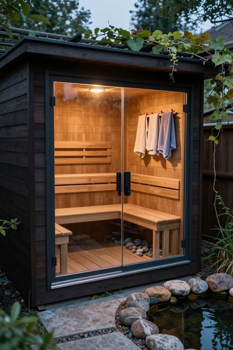 Small wooden prefab sauna cabin in a backyard with floor-to-ceiling glass doors showing interior cedar benches, towels hanging inside, river rocks on the floor, vines on the roof, and a surrounding rock-lined pond and garden path.