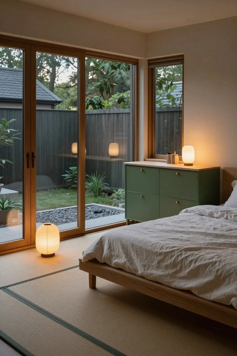 A minimalist bedroom featuring tatami mat flooring, a low wooden platform bed with white linens, a green dresser, paper lanterns, and large sliding glass doors opening to a private backyard garden with gravel, plants, and a wooden fence.
