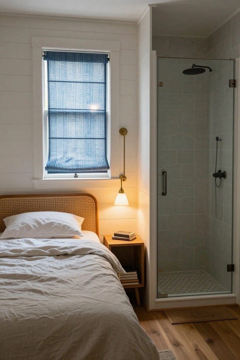 Small bedroom with low rattan bed frame, white linen bedding, wooden nightstand, and adjacent glass shower enclosure with geometric floor tiles next to a window covered by blue roman shade.