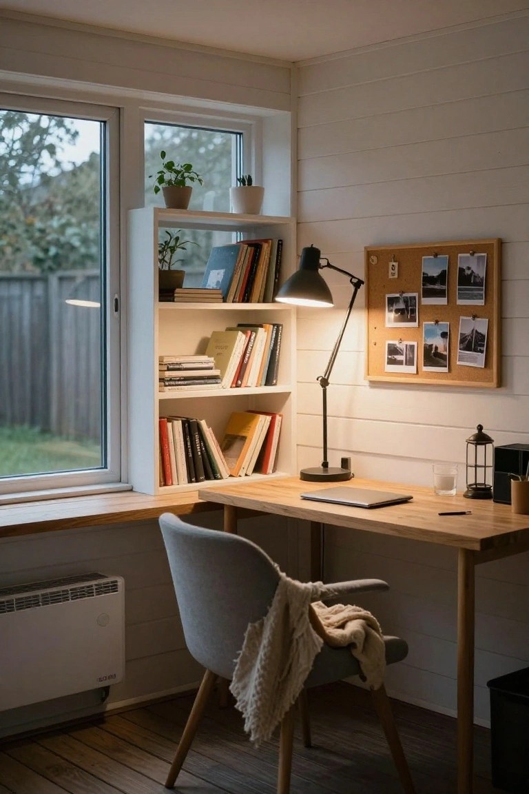 Interior of a small home office with a wooden desk built into a wide window sill, white open bookshelves to the left holding books and plants, adjustable black desk lamp, gray armchair with cream throw, corkboard with photos on shiplap wall, and view of backyard trees through the window.