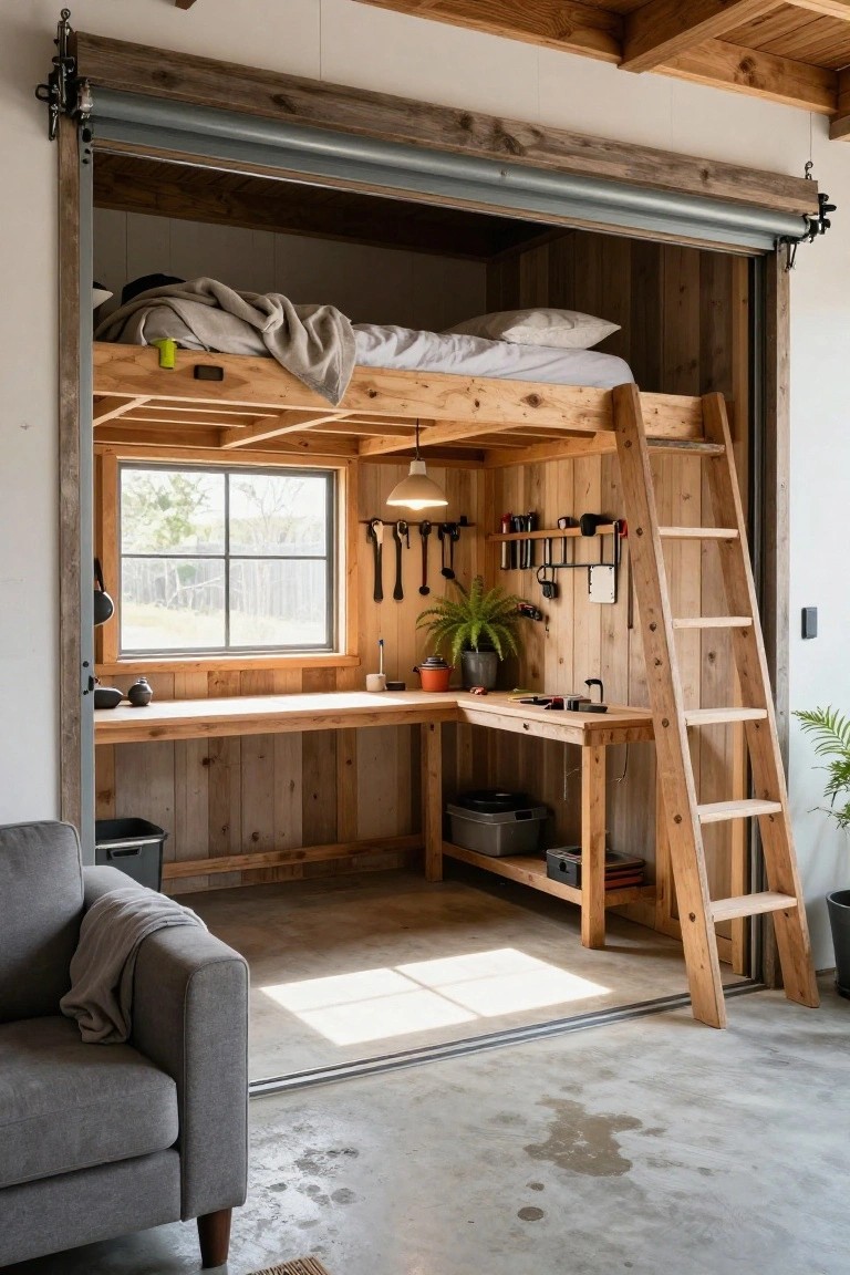 Wooden interior of a small backyard studio featuring a loft bed above a corner workbench with hanging tools, a ladder, potted plants, and an open garage door onto a concrete floor.