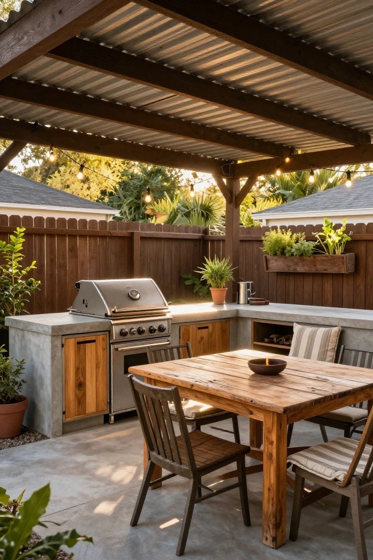 Outdoor patio under wooden pergola with corrugated metal roof, featuring L-shaped concrete counter with stainless steel grill and oven, wooden cabinets, wooden dining table and chairs, potted plants, wooden fence, and string lights.