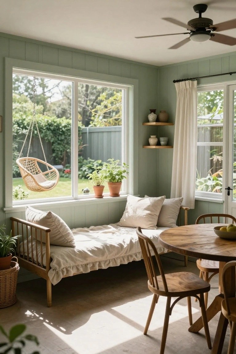 Sage green paneled interior room with large windows overlooking a lush garden, a wooden daybed with white bedding and pillows along the window sill, rattan hanging chair, potted plants, shelves with pottery, and round wooden table with chairs.