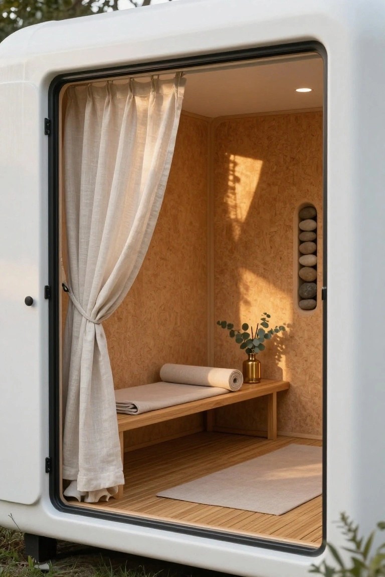 White prefab pod with open door showing birch plywood interior walls, low wooden bench with beige cushions and rolled white towel, gold vase of eucalyptus branches, sheer linen curtains, light gray rug on bamboo floor, and vertical niche of stacked stones.