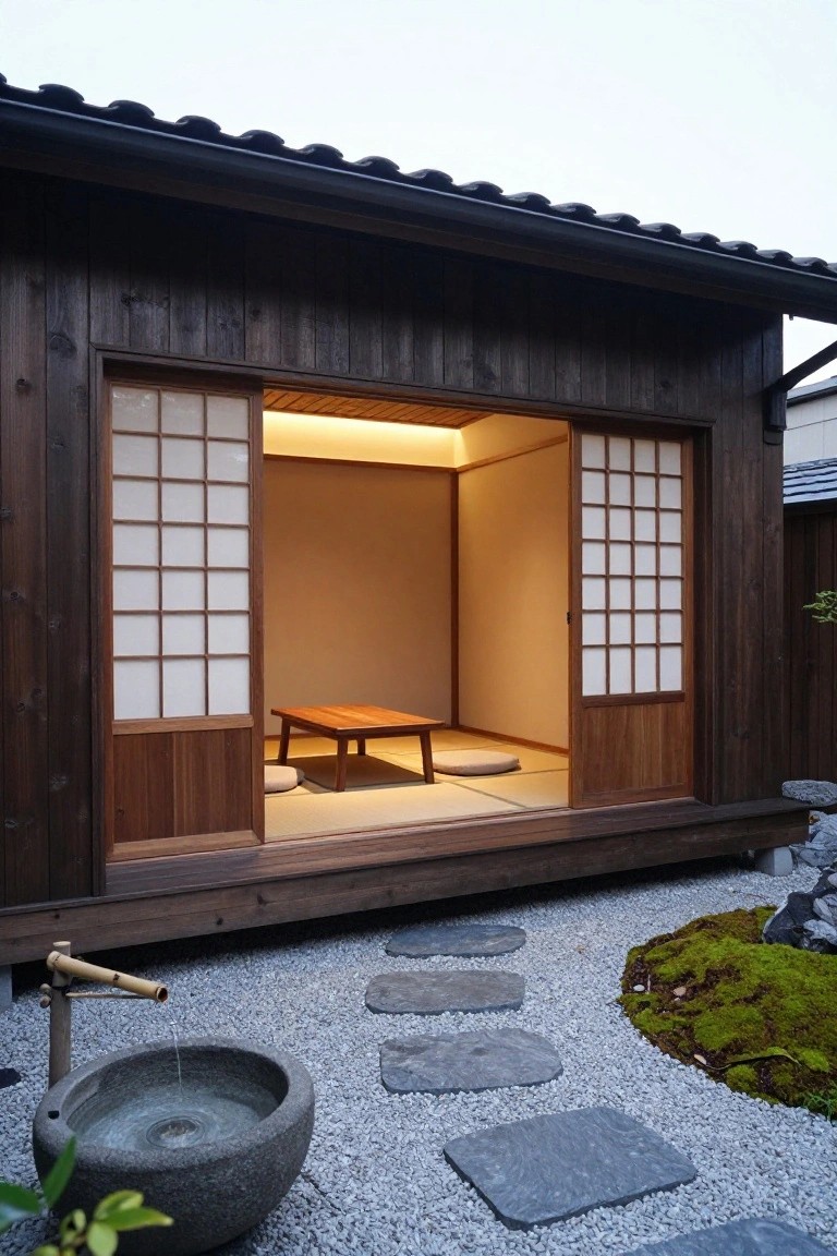 Small dark wood Japanese-style pavilion with open white shoji screen doors revealing beige tatami room with low wooden table and cushions, veranda leading to gravel yard with irregular stepping stones, moss patches, rocks, and stone basin with bamboo water spout.
