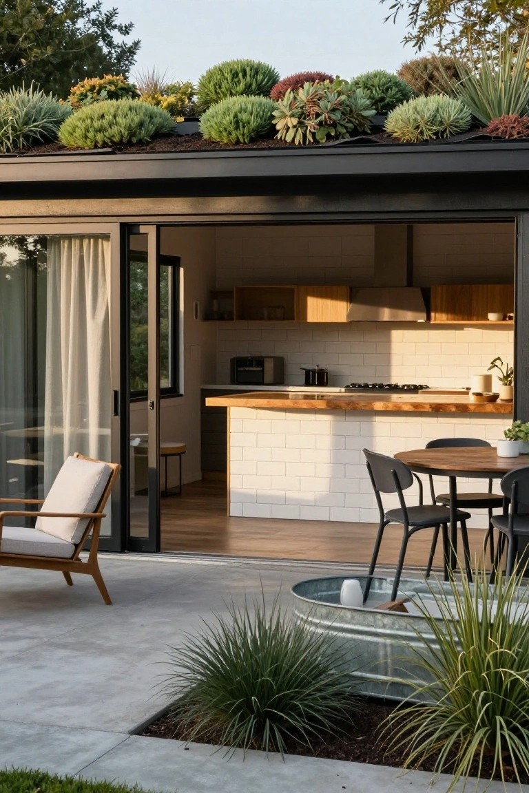 Modern prefab backyard home with open sliding glass doors revealing a kitchen bar and interior, adjacent concrete patio with round wooden table, black chairs, white lounge chair, and galvanized metal tub planter amid ornamental grasses.
