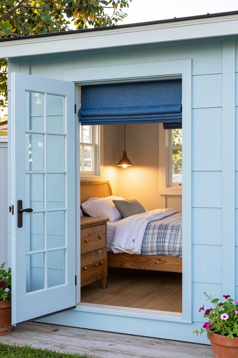 Small light blue clapboard shed with open double glass doors revealing a bedroom with rattan bed, wooden dresser, and warm lamp light inside, potted plants on wooden deck outside.