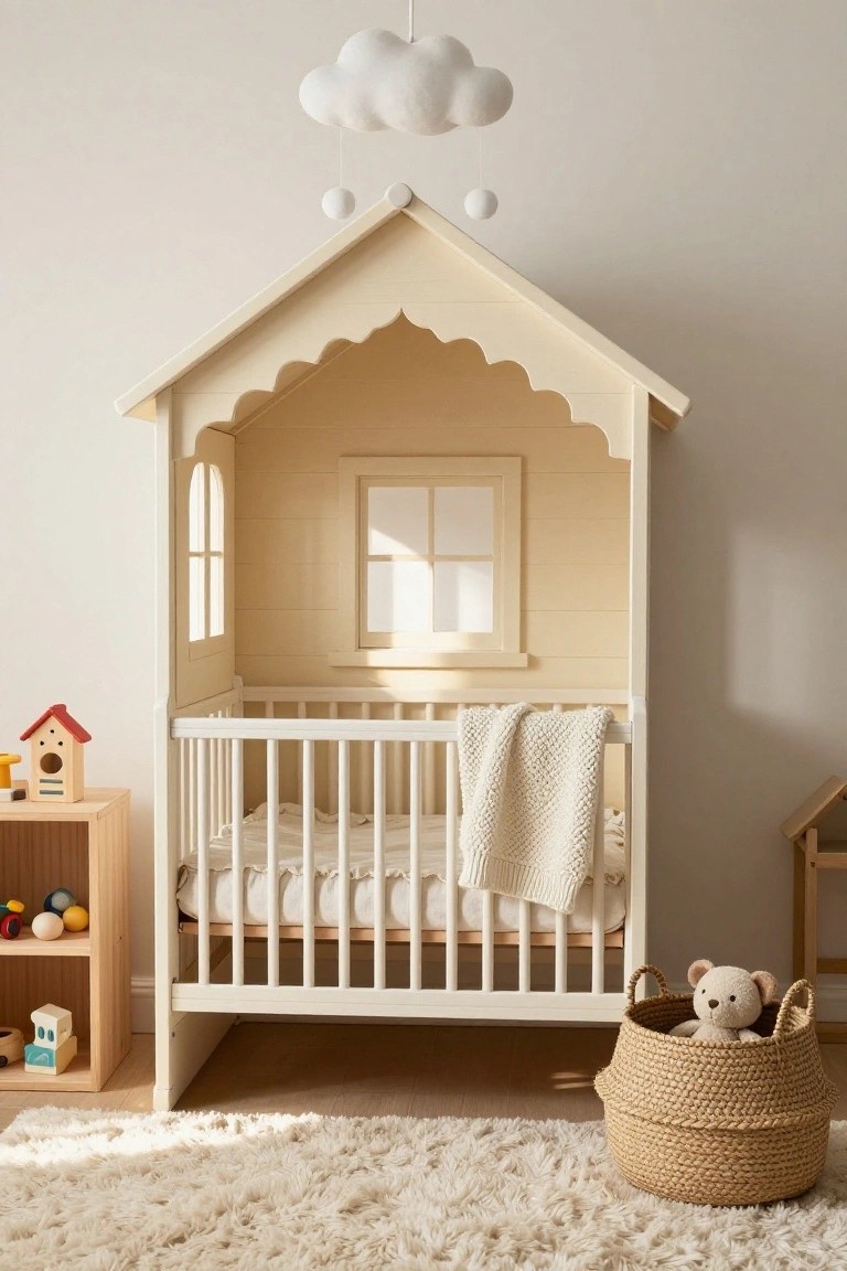 White wooden house-shaped enclosure around a white crib in a nursery, with a cloud-shaped mobile overhead, wooden toys on nearby shelves, a teddy bear in a wicker basket, and a fluffy white rug on the floor.