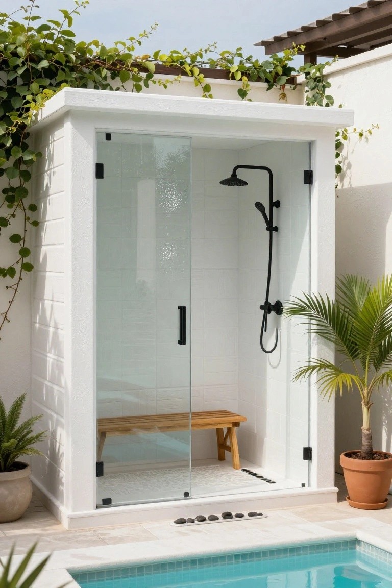 White stucco outdoor shower enclosure with clear glass doors, black rain showerhead and handheld sprayer, wooden bench inside, plants and vines around it next to a small turquoise pool on a tiled patio.