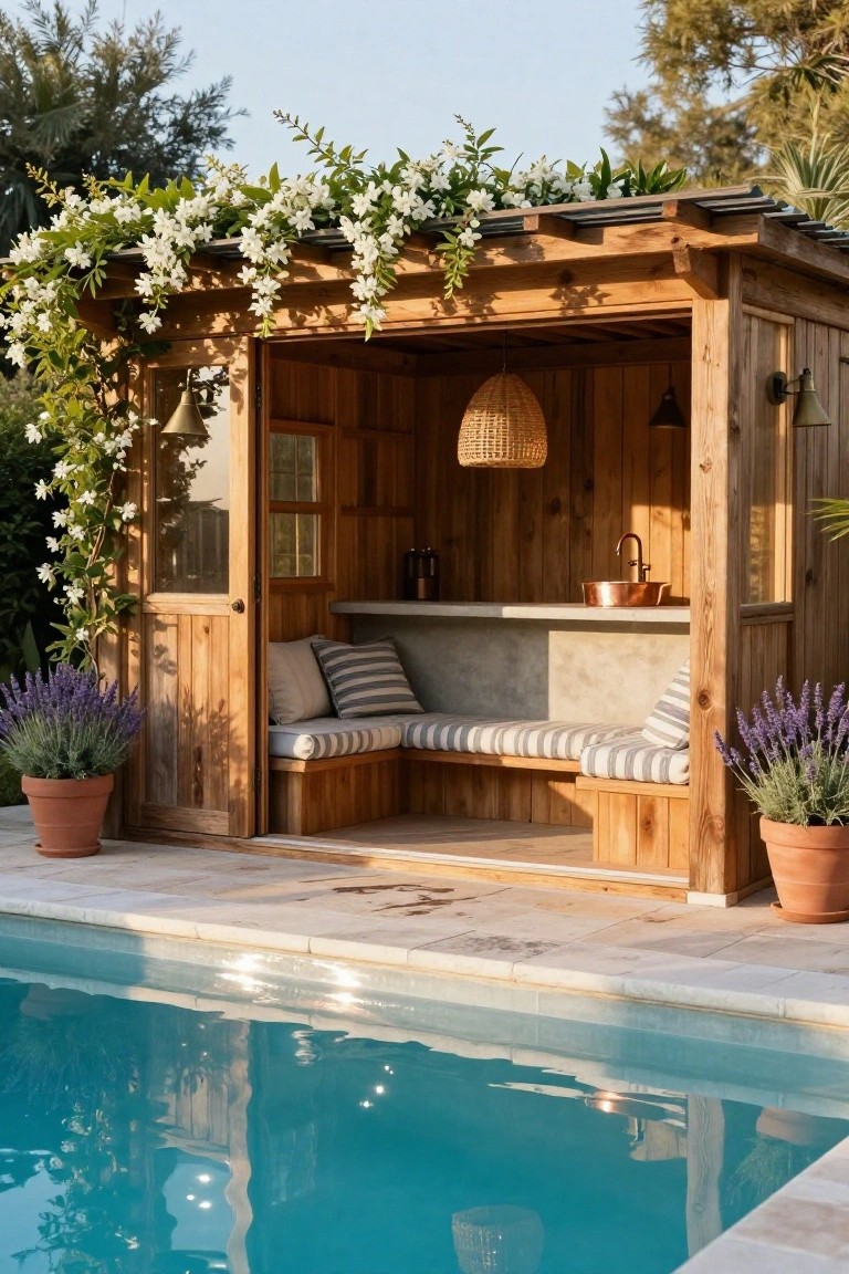 Wooden open-air cabana next to a swimming pool, with vine-covered roof, built-in bench seating on concrete base, copper sink basin, hanging lantern, and potted lavender plants on a tiled pool deck.