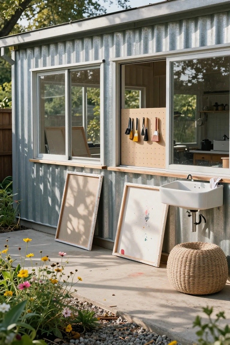 Corrugated metal prefab shed exterior with large sliding windows, wooden-framed pegboard holding paintbrushes, white wall-mounted sink, two leaning canvases, woven stool, and surrounding gravel patio with flowers and plants.