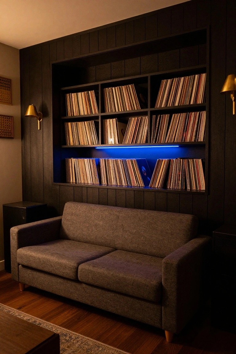 Dark wood paneled wall with recessed shelves filled with vinyl records, blue LED lighting under one shelf, gray sofa nearby, wall lamps, and wood floor in a cozy interior room.