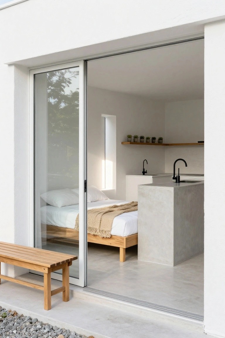 Open sliding glass door from concrete patio with wooden bench and gravel ground into a white minimalist interior featuring bed, concrete kitchen island, black faucets, plants on shelves.