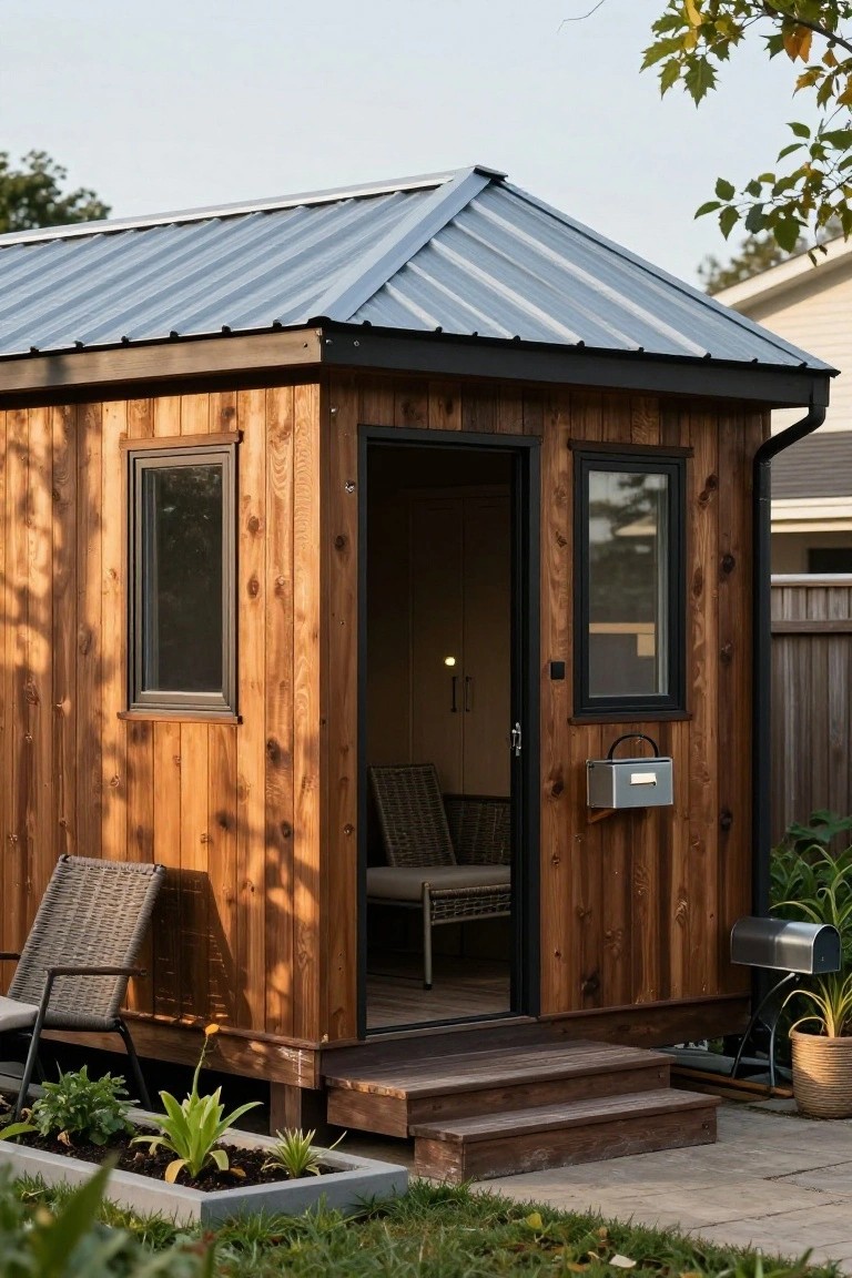 Small wooden prefab backyard cabin with vertical cedar siding, gabled gray metal roof, open black door revealing interior chair, black-framed windows, entry steps, wicker chairs, mailbox, and nearby potted plants on concrete patio.