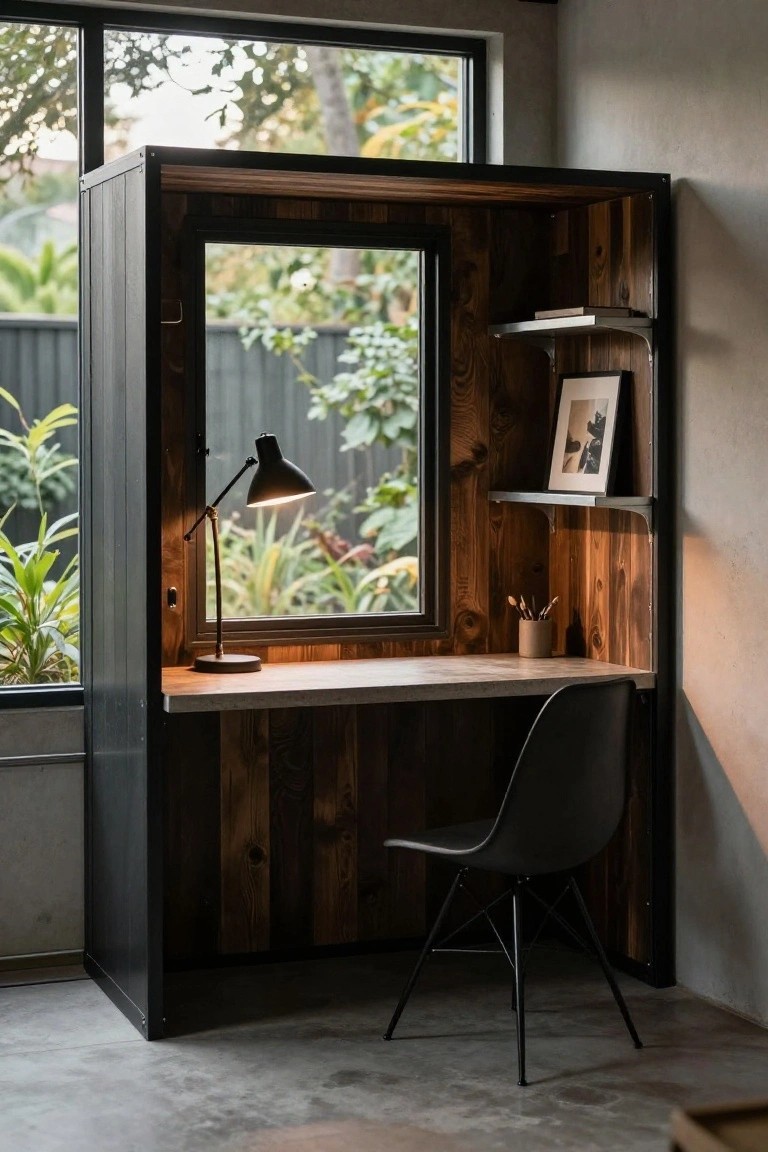Wooden-walled workspace enclosure with concrete desk top, black adjustable lamp, shelves holding books and a photo frame, potted plant, black molded plastic chair, and large window showing tropical garden and fence.