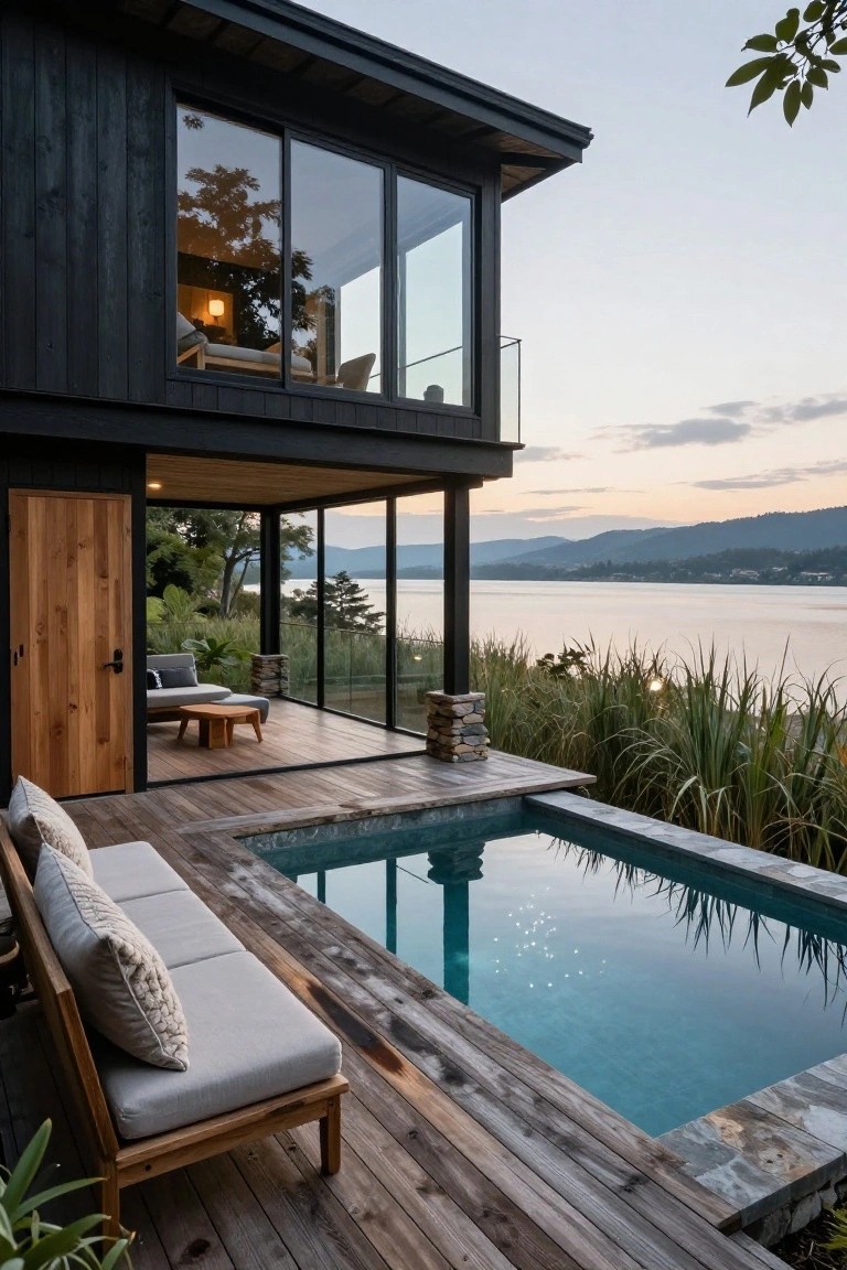Elevated modern black wood house with glass walls and wooden deck featuring a small blue plunge pool, lounge sofa, and plants, overlooking a lake with mountains and reeds at dusk.