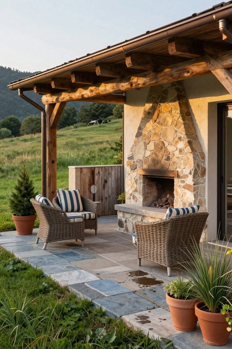 Covered wooden porch attached to a stucco house wall featuring a tall stone outdoor fireplace with burning logs, two wicker armchairs with blue striped cushions, potted plants, and a slate tile patio overlooking green fields and hills.