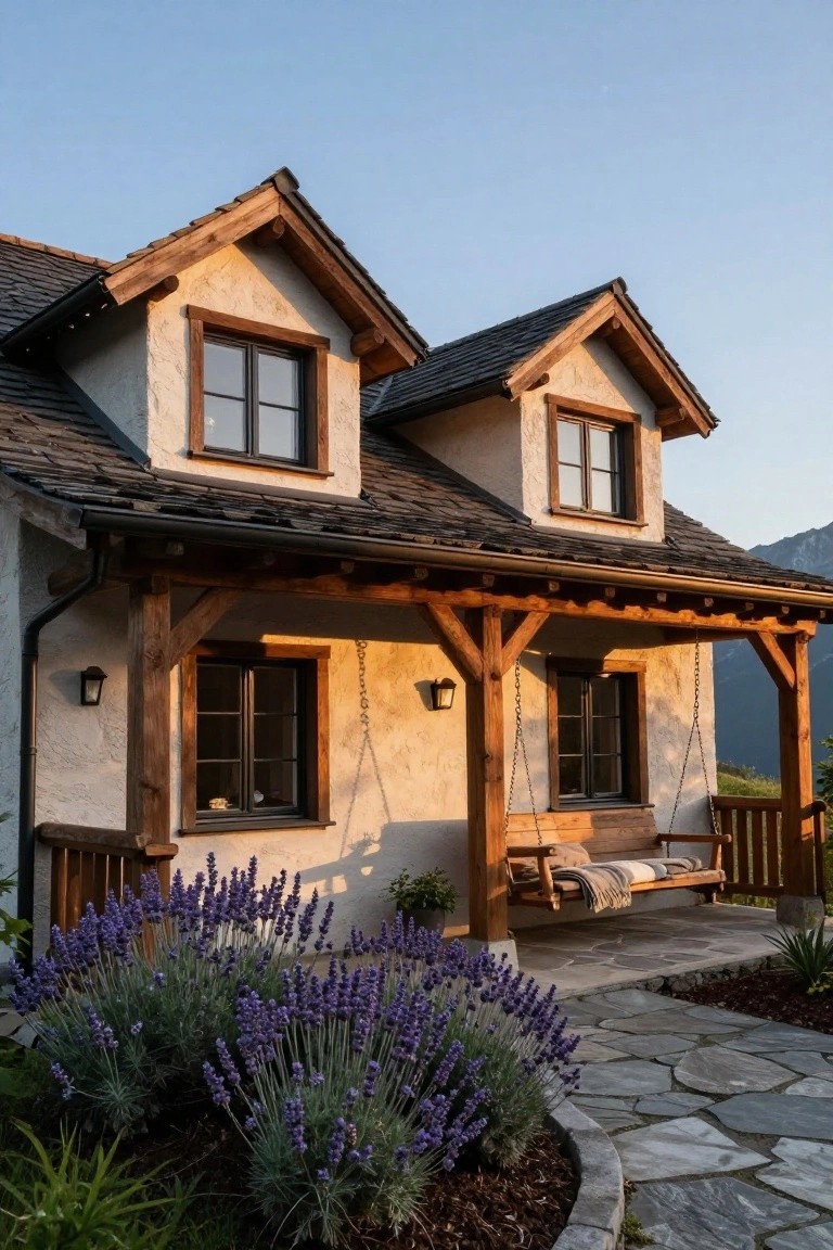 Beige stucco mountain cottage with two gabled roofs covered in dark slate tiles, wooden-beamed covered porch supporting a hanging wooden swing with blanket, wooden-framed windows, lavender bushes along stone path, and mountains in background at dusk.