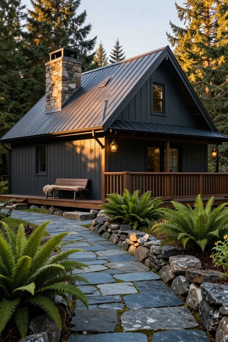 A small black-sided cabin with gray metal roof, stone chimney, wooden porch with bench and lanterns, stone pathway, and ferns in a forested setting at dusk.
