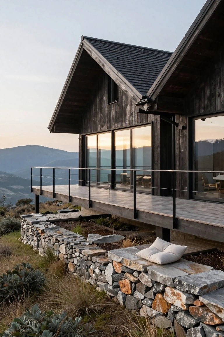 Dark wood-clad mountain cabin exterior with pitched roof, large sliding glass doors to a cantilevered wooden deck with slim black cable railings, stone retaining wall base planted with grasses and succulents, and hazy mountain views in late afternoon light.