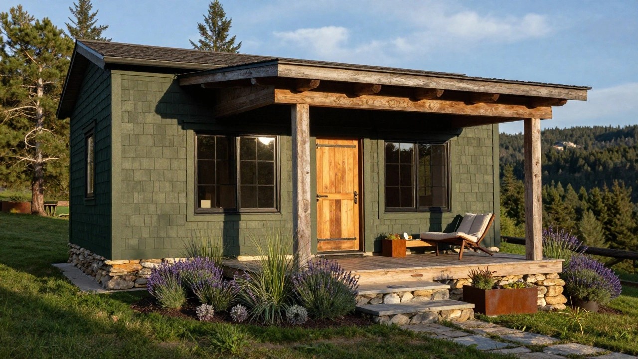 Small dark green cedar shake shingled cottage with gabled roof, timber post supported covered porch, wooden entry door and windows, stone foundation and steps with potted grasses and lavender plants, forested mountains behind.