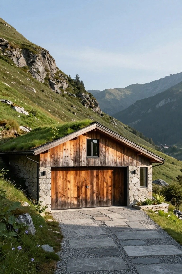 A wooden mountain cottage with a grass-covered green roof, stone foundation, wooden garage doors, and a stone pathway, built into a steep grassy hillside amid rocky peaks and distant valleys.