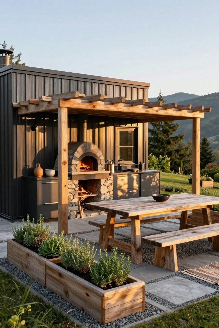 Rustic outdoor kitchen with stone pizza oven, wooden pergola, and picnic table.