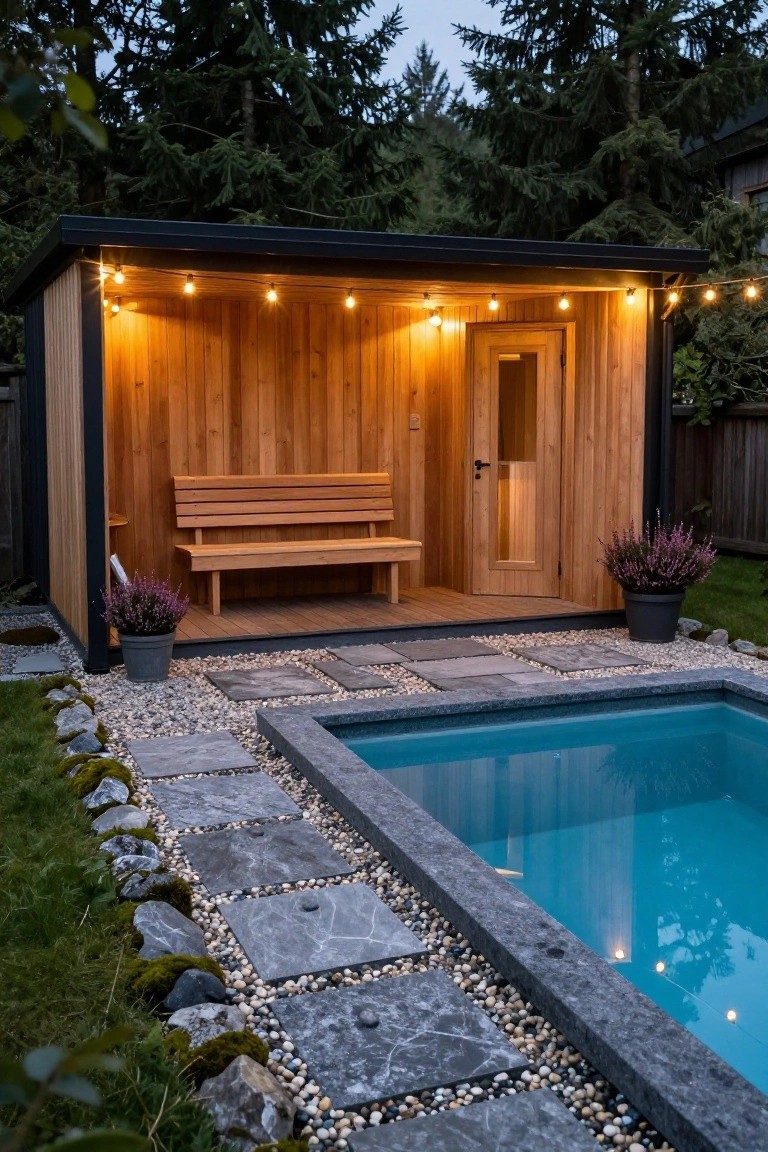 Wooden sauna cabin with black metal frame, open glass door revealing interior bench, and string lights, positioned on stone and gravel patio adjacent to rectangular in-ground pool surrounded by plants, rocks, and trees.