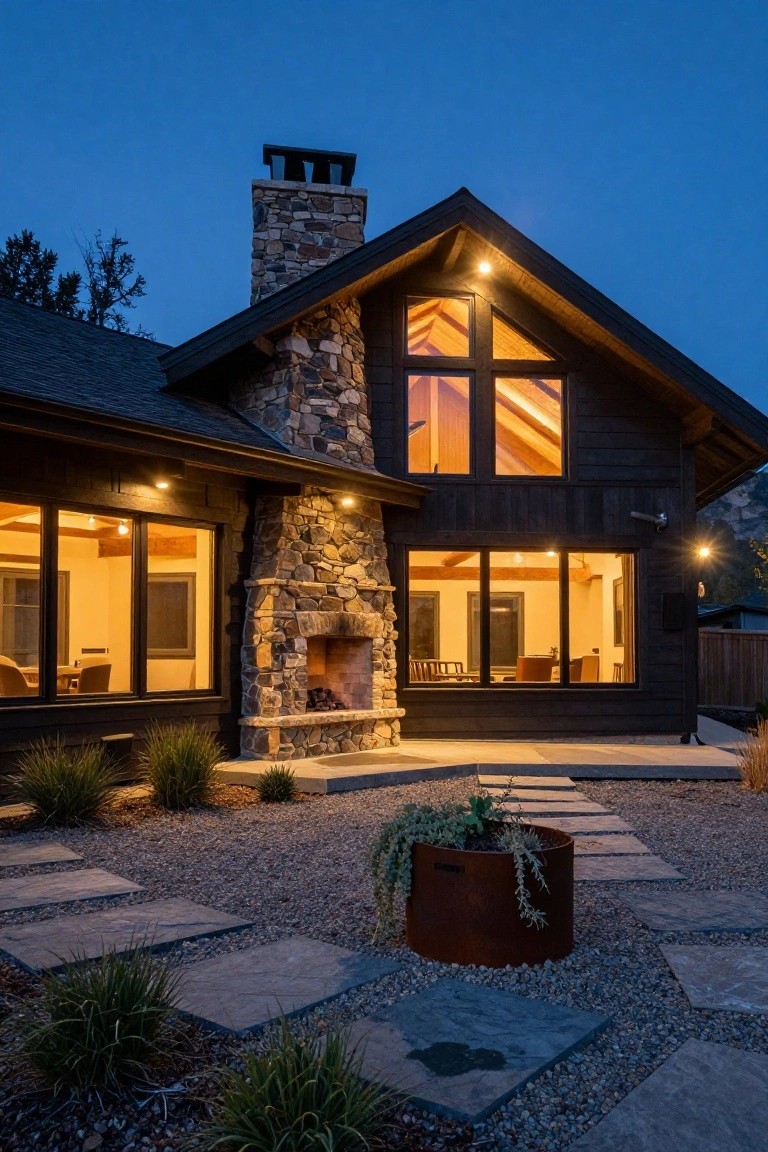 Dusk photo of a mountain modern cottage exterior with a tall protruding stone chimney and fireplace, large triangular window above, dark wood siding, lit windows showing interior, gravel yard with stone pavers and grasses.
