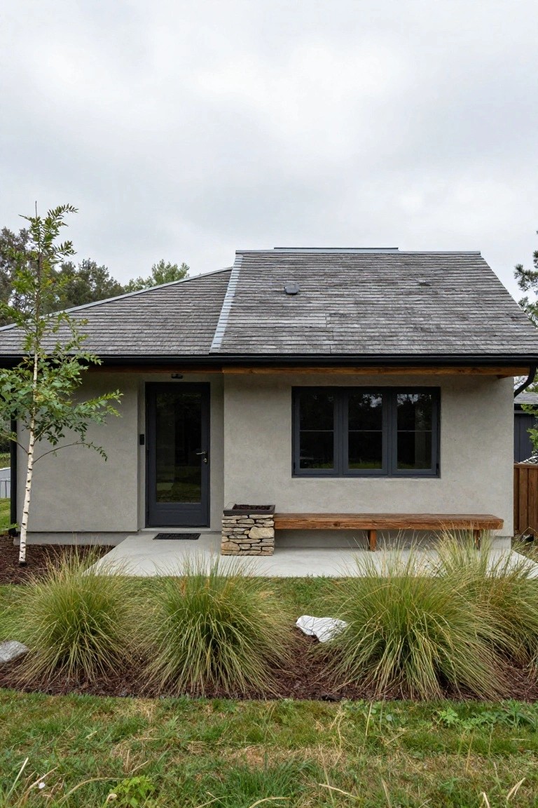 Gray stucco single-story cottage with sloped cedar-shake roof, black-framed glass door and window, wooden bench on stone base at entry, ornamental grasses and trees in yard under overcast sky.