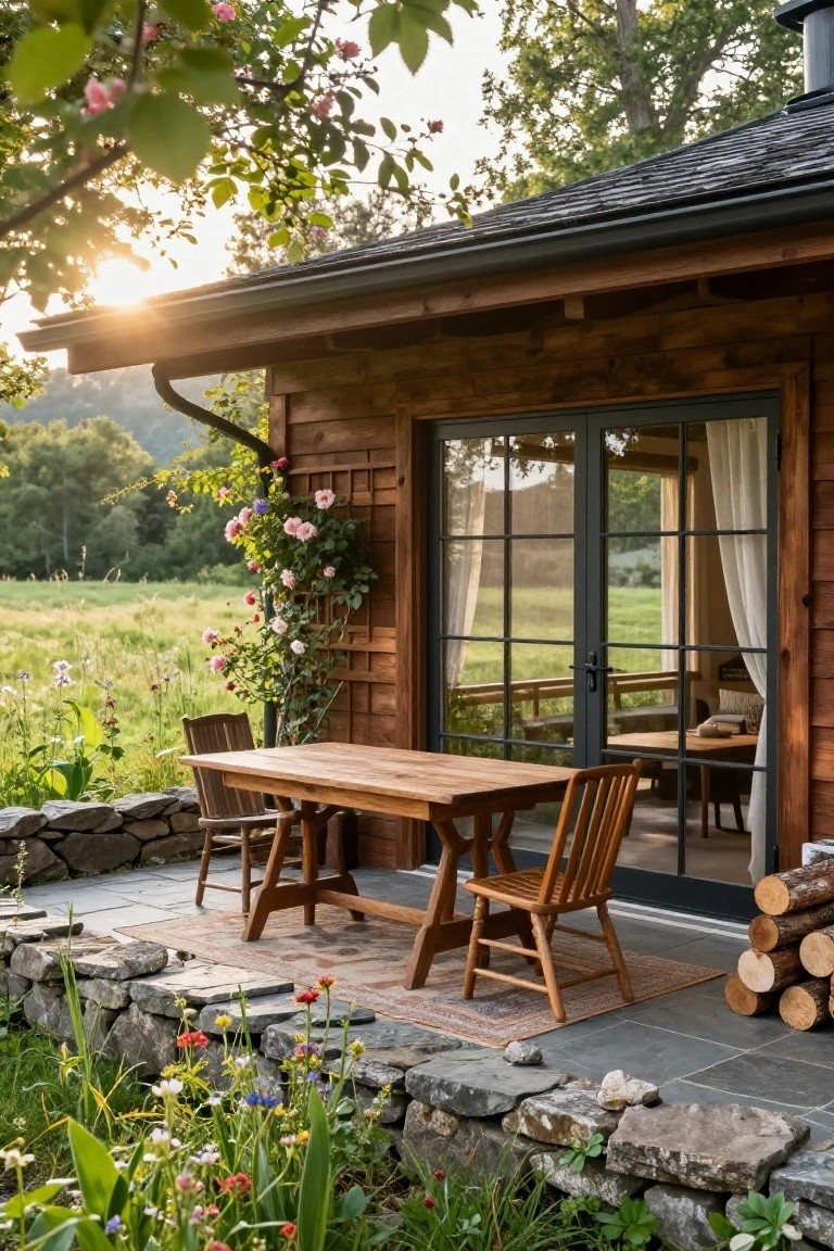 Wooden cabin wall with large glass French doors opening to a slate stone patio holding a rectangular wooden dining table with four wooden chairs, a woven rug underneath, stone retaining wall, stacked firewood, climbing roses on trellis, and surrounding wildflowers and greenery.