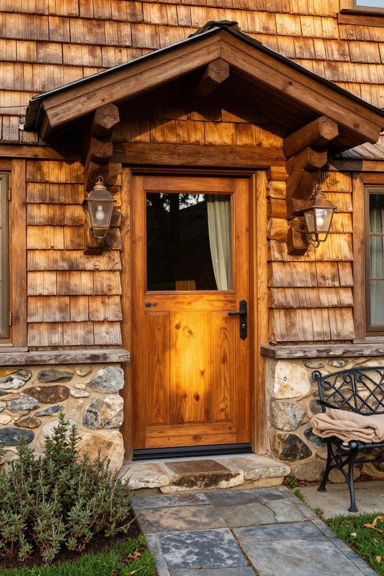 Wooden shingle siding on a mountain cottage with a timber-framed gabled entry canopy, paneled wooden door, hanging lanterns, stone foundation and bench, and flagstone pathway.