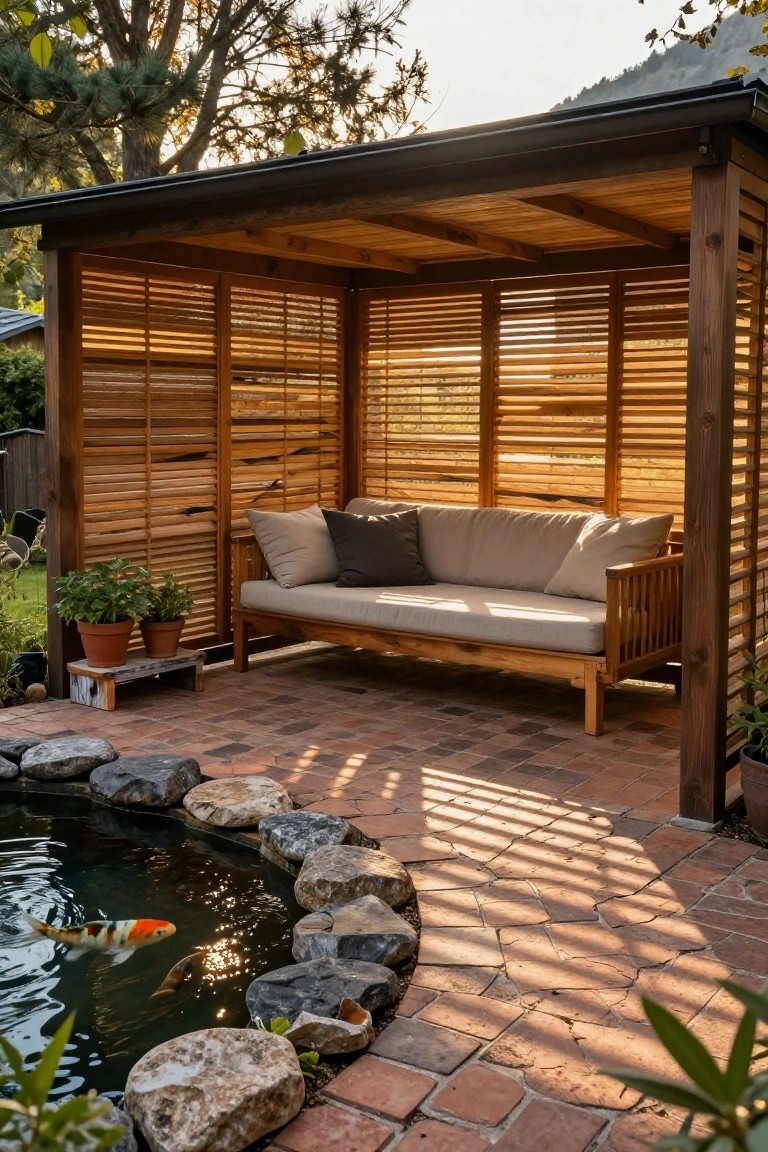 Wooden pavilion with horizontal slat screens enclosing a beige couch with pillows, potted plants on a wooden stool nearby, koi pond with rocks and fish in foreground, on brick paver patio surrounded by garden.