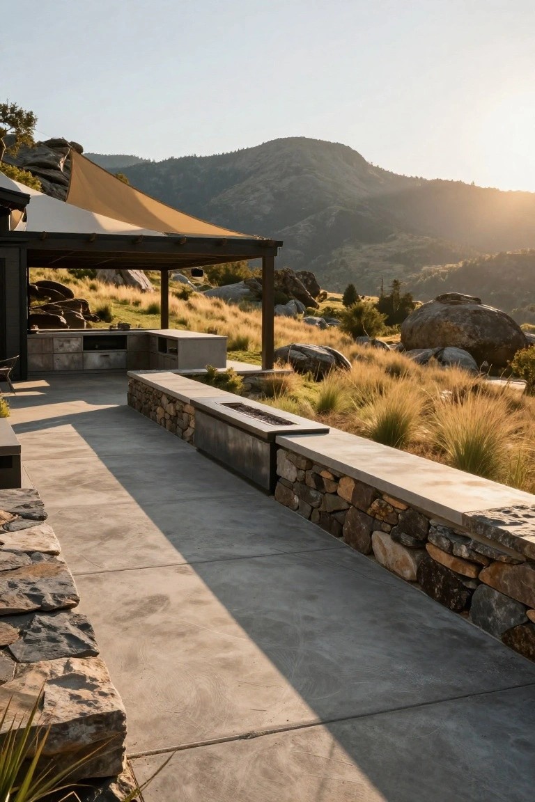 Outdoor kitchen under a beige shade sail with black frame on a patio, adjacent concrete pathway edged by low stone walls containing a linear metal fire pit insert, surrounded by native grasses, boulders, and mountains at sunset.