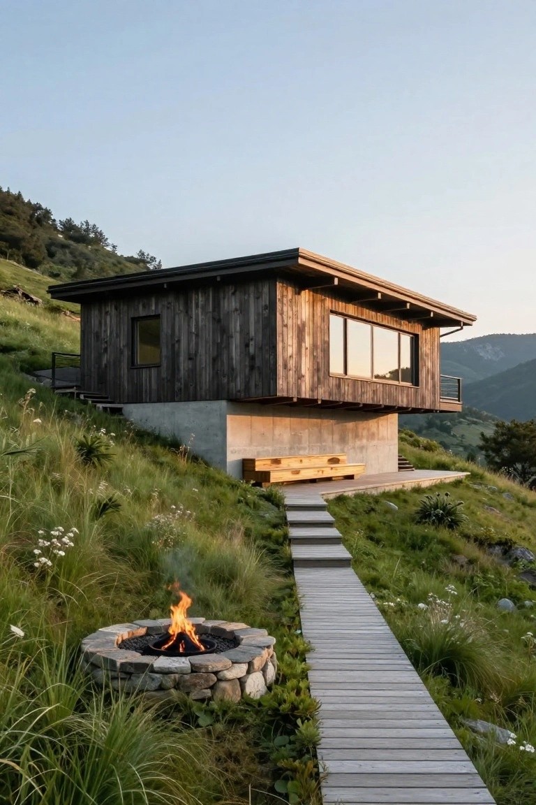 Dark wood-clad modern cabin elevated on a concrete base on a grassy hillside with mountains in background, wooden walkway path, stone fire pit, and bench on deck.