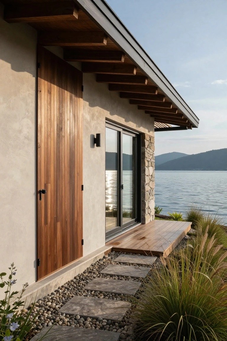 Side exterior view of a modern cottage with light plaster walls, tall vertical wood plank door, black-framed sliding glass doors, stone wall accent, wooden deck, gravel path with stepping stones, tall grasses, and lake with mountains in background.