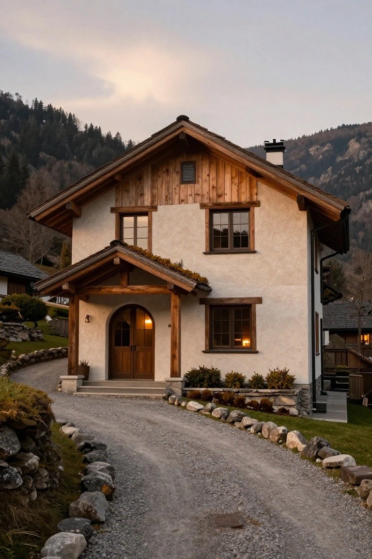 Two-story chalet house with beige plaster walls, dark wood upper cladding and trim, covered wooden porch with arched door and lanterns, gravel driveway with stone borders, evergreen trees and mountains in background at dusk.