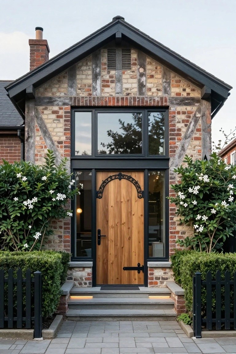 Front facade of a Tudor-style house with exposed brick and timber, featuring a tall wooden arched door with black wrought iron accents and handle, set in a black metal frame with glass sidelights, flanked by white-flowering shrubs and a short black picket fence on a stone step entry.
