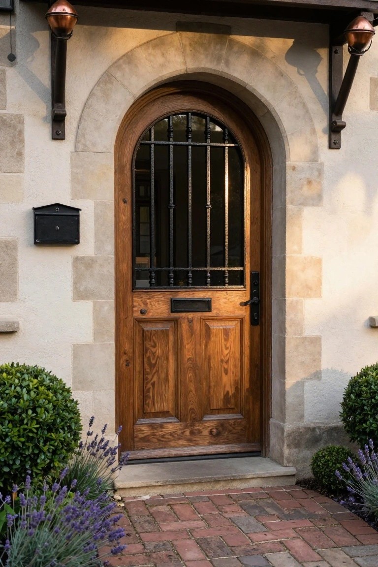 Beige stone arched front doorway with dark wooden double door featuring black wrought iron bars, copper lantern lights on black brackets, black mailbox, boxwood shrubs, and lavender plants beside a brick pathway.