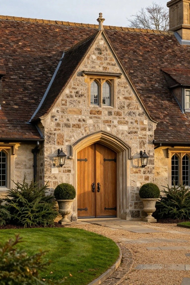 Stone manor with arched wooden doors and twin lanterns.