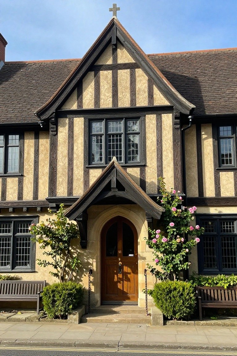 Tudor-style house facade with black half-timbering on beige stucco walls, central arched stone porch with wooden door, pink rose bushes flanking the entry, wooden benches on stone bases, and a cross on the gable under a blue sky.