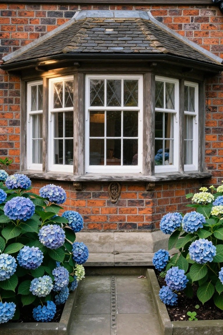 Red brick house wall with a protruding wooden bay window featuring multiple panes, flanked by large clusters of blue hydrangea flowers in stone planters beside a stone walkway.