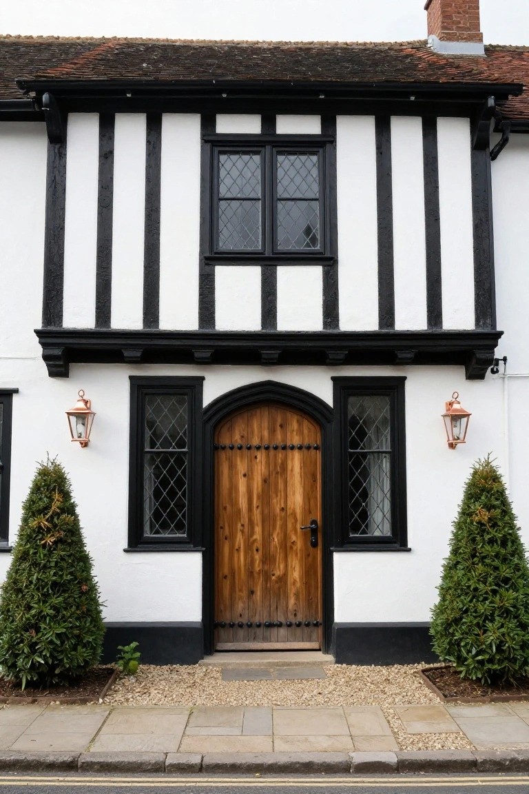 Two-story Tudor house exterior with black half-timber framing on white walls, arched wooden front door with iron studs, leaded glass windows on sides, copper lanterns, and small evergreen trees flanking the entrance on a paved path.