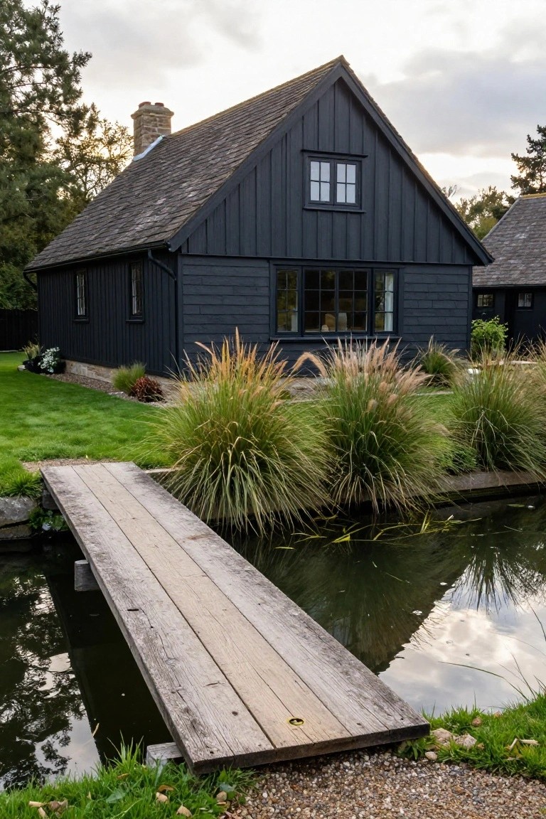 Black clapboard gabled house with stone chimney and multipane windows beside a narrow pond crossed by a weathered wooden footbridge, surrounded by tall ornamental grasses, low plantings, and trees under a cloudy sky.