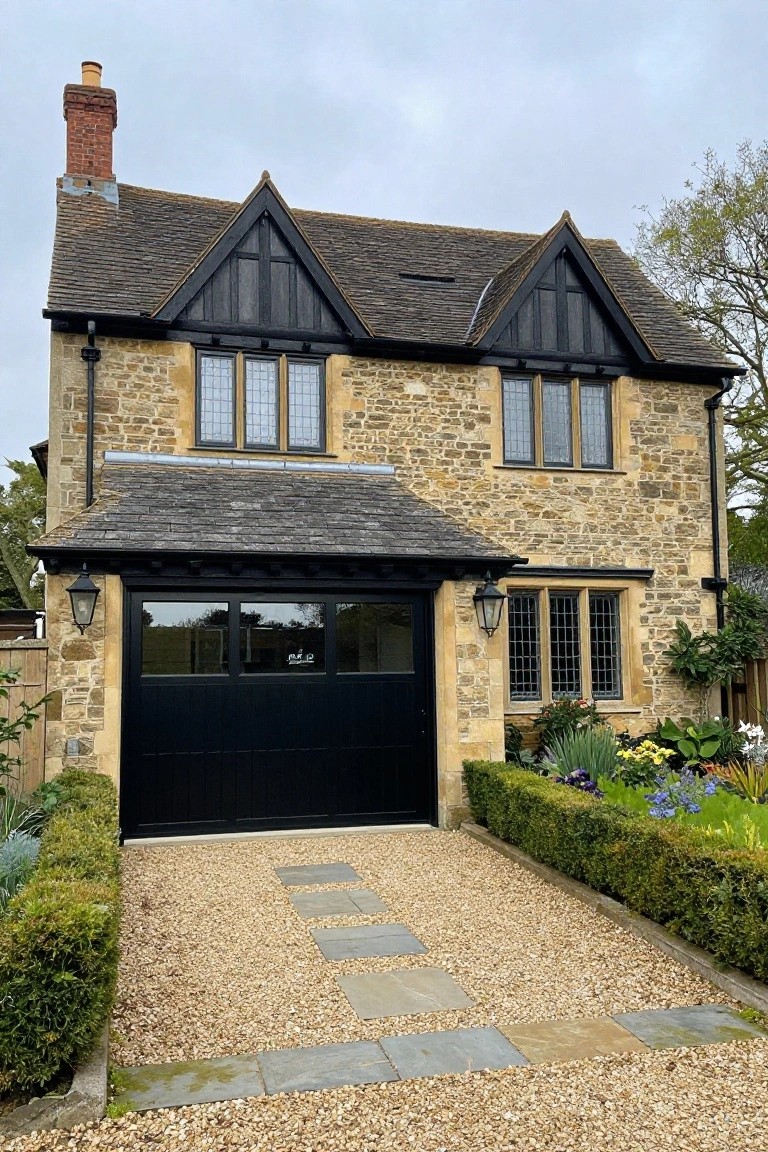 Two-story Tudor-style house with beige stone walls, black timber framing, large black garage door, gravel driveway with stone pavers, boxwood hedges, and lantern lights.