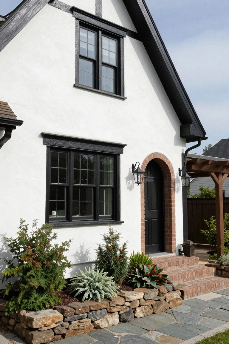 White stucco Tudor-style house exterior with black half-timber framing, black-framed windows, arched brick entry with black door and lanterns, brick steps, stone retaining wall planted with shrubs and agaves, and flagstone path.