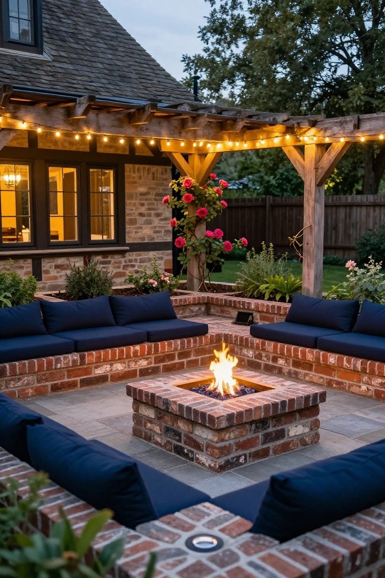 Backyard patio with central square brick fire pit surrounded by built-in brick benches topped with navy cushions, under a wooden pergola with string lights next to a brick house wall and garden plantings.